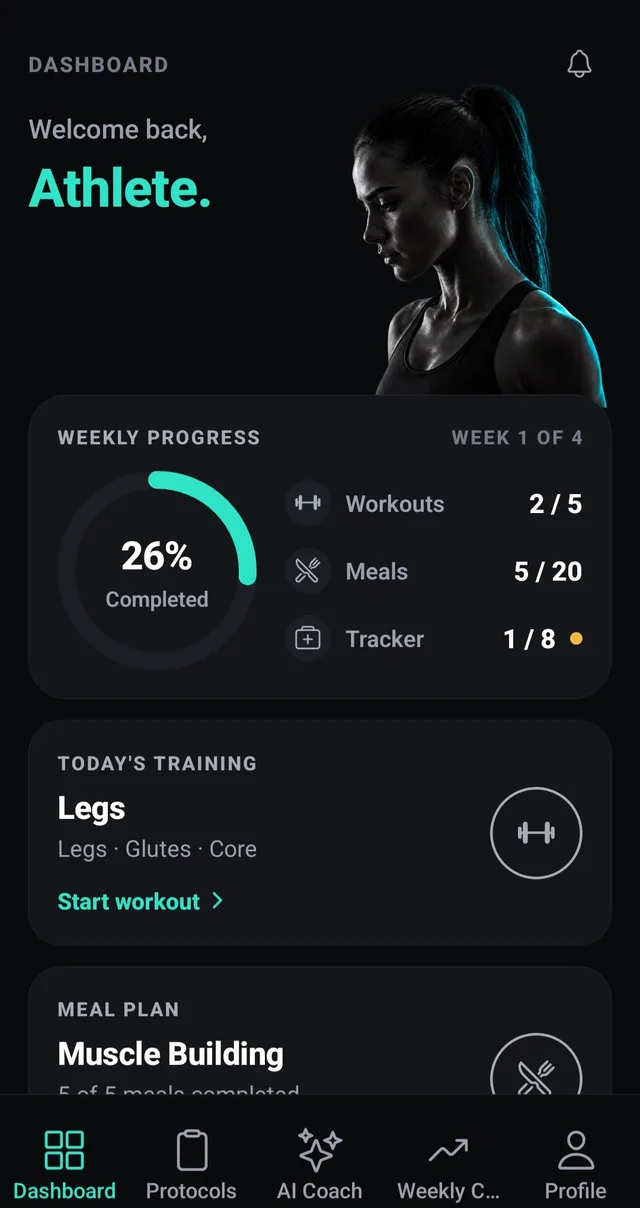 Immortal Coach dashboard showing a female athlete with the same weekly-progress ring and workout, meal and tracker completion counts.