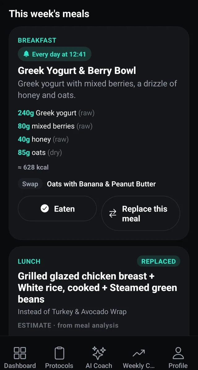 Weekly meal plan showing a Greek Yogurt and Berry Bowl breakfast with ingredient amounts and an estimated calorie total, plus Eaten and Replace this meal buttons.