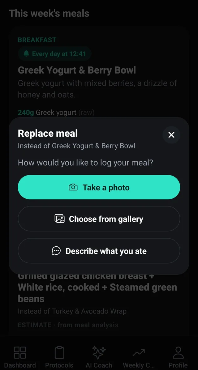 Replace meal dialog asking how you would like to log your meal, offering Take a photo, Choose from gallery, and Describe what you ate.