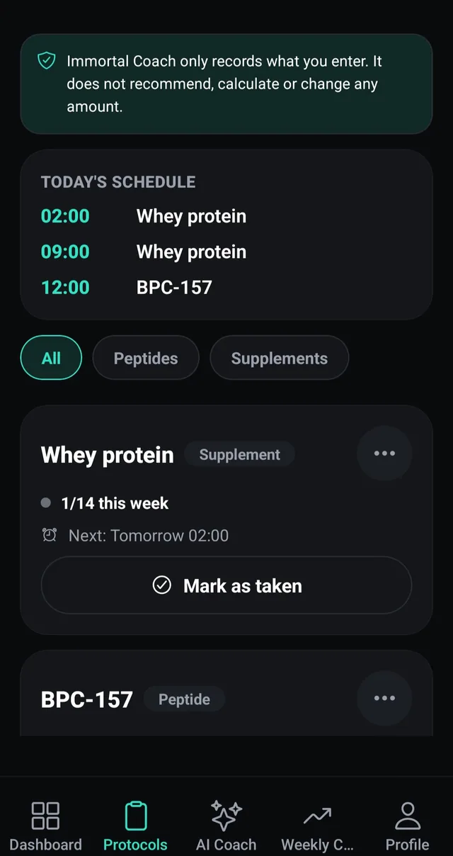 Peptide and supplement tracker with a note that Immortal Coach only records what you enter and does not recommend or change amounts, today’s reminder schedule, and Mark as taken controls.