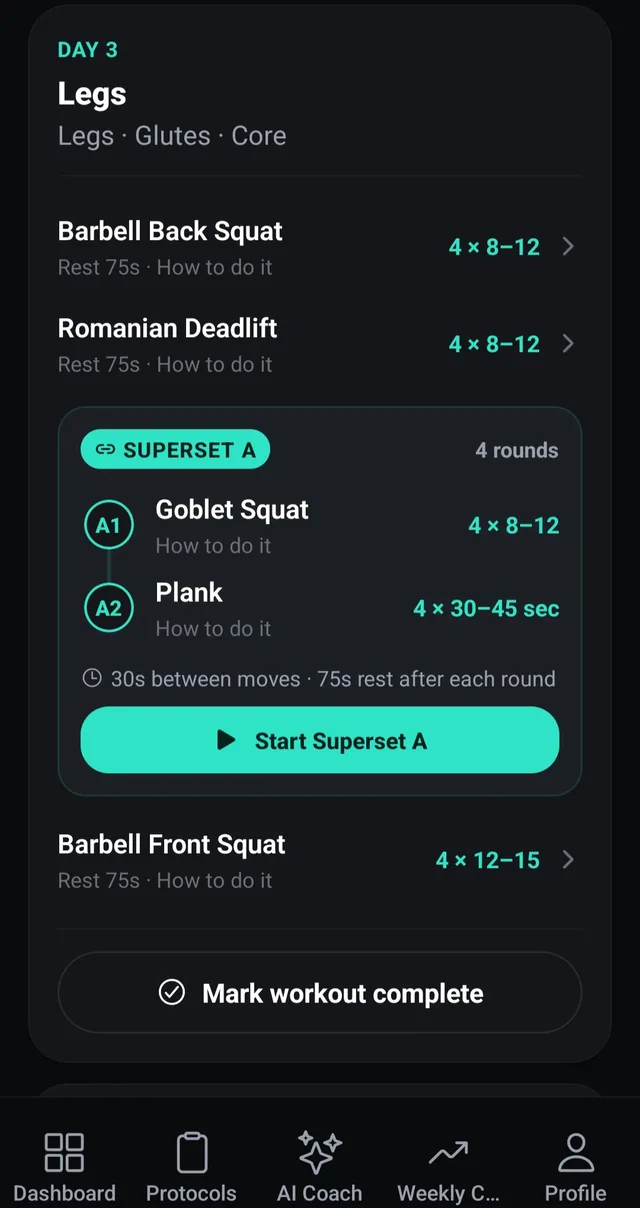 Training Plan screen for a Legs day listing Barbell Back Squat, Romanian Deadlift, a Goblet Squat and Plank superset and a Barbell Front Squat, with a Mark workout complete button.